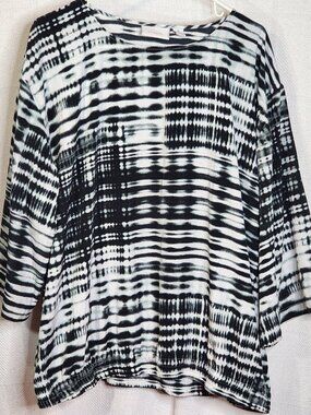 Chico's White Blue Black Poly Elastic Waist Abstract Print Top Chico 3 US XL 16